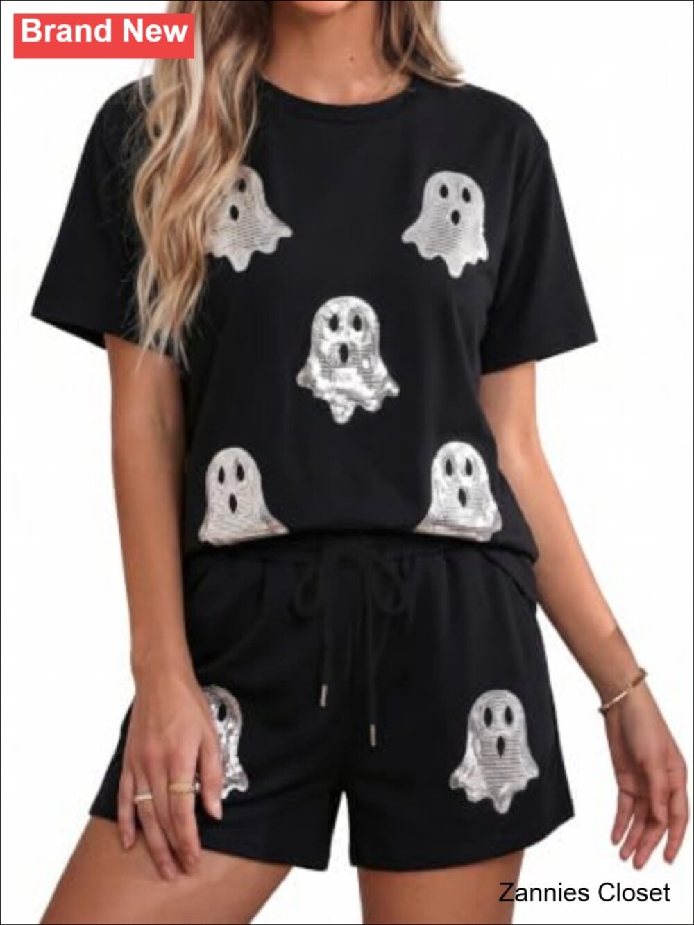 👻 Sequin Ghost Halloween 2 Piece Loungewear Set Crewneck Tee Drawstring Shorts